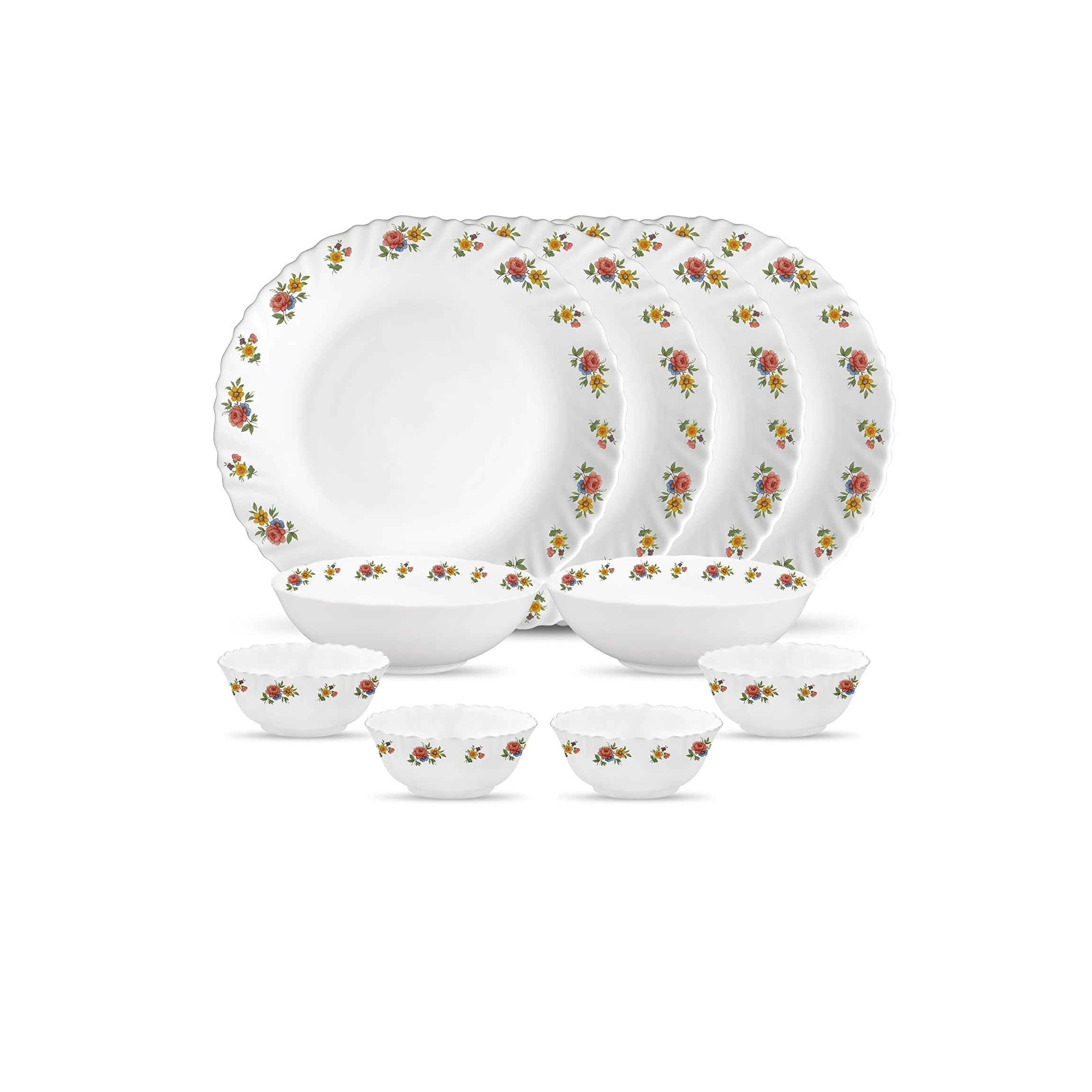 La Opala Novo Collection Opal Glass Crockery | for Family of 4 | Dinner Set 10 pcs Petite Roses | Plates & Bowls for Dining | Microwave Safe | 100% Vegetarian | Extra Strong | Light & White