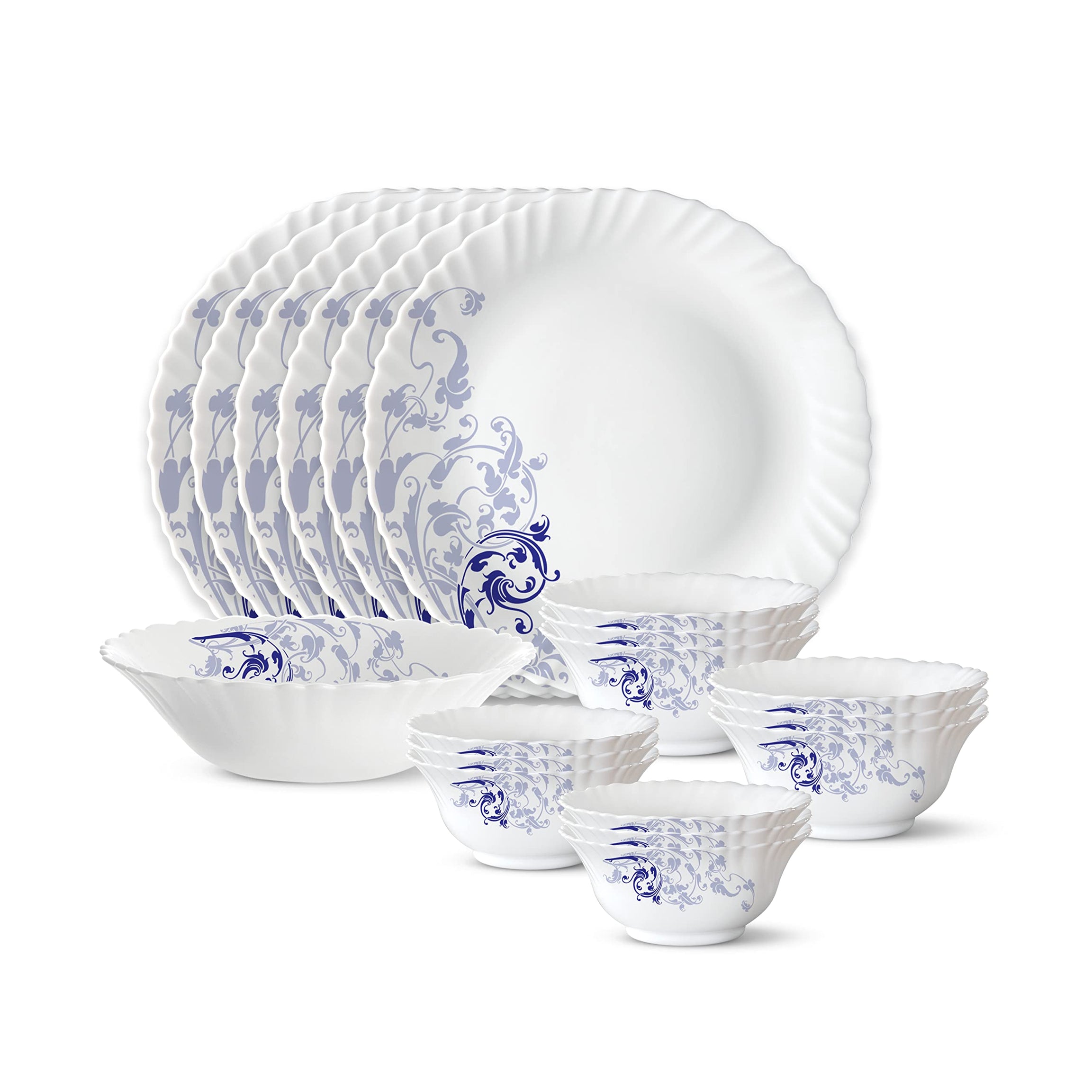 Larah by Borosil Blue Eve Silk Series Opalware Dinner Set | 19 Pieces for Family of 6 | Microwave & Dishwasher Safe | Bone-Ash Free | Crockery Set for Dining & Gifting | Plates & Bowls | White