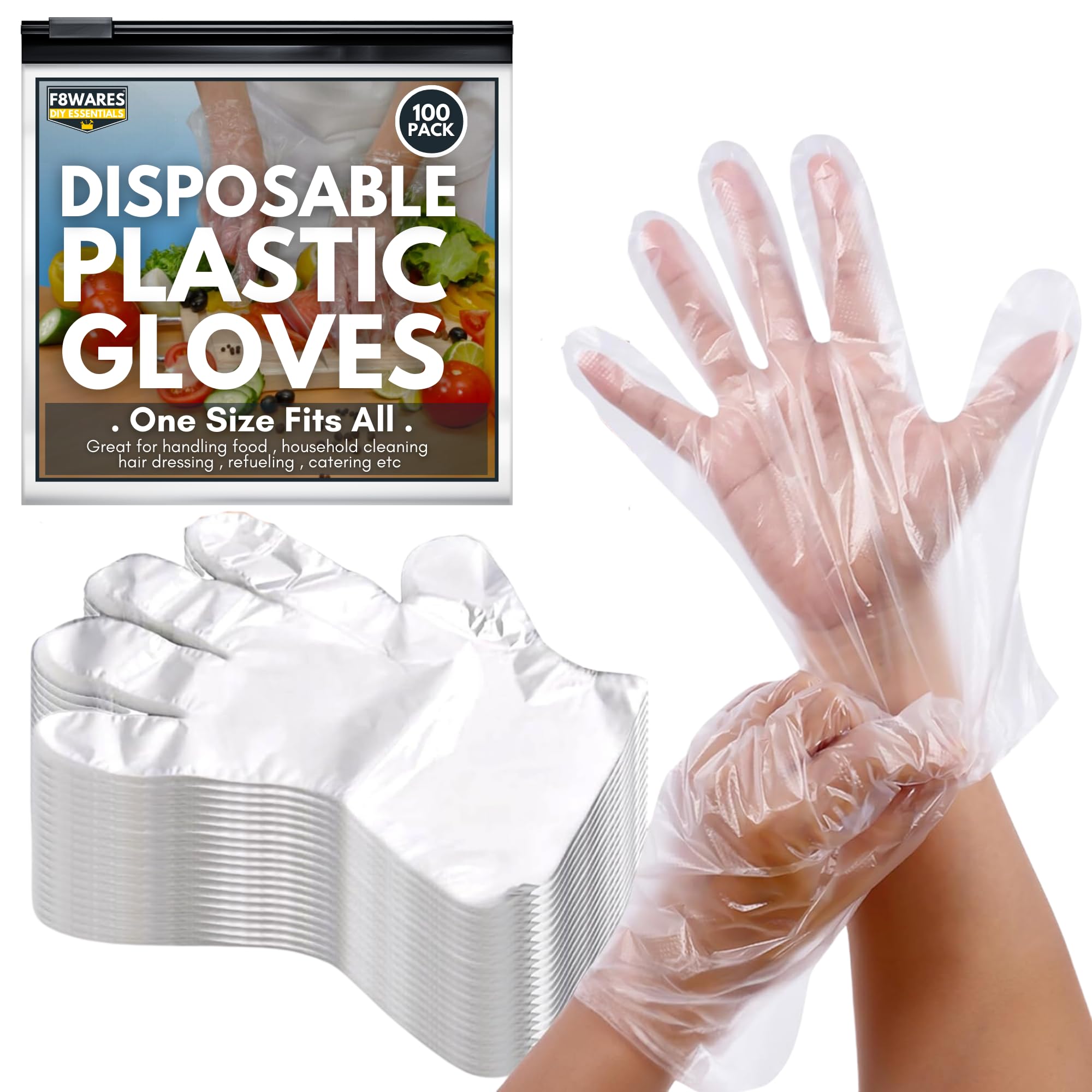 F8WARES Plastic Gloves Disposable 100 pcs - Disposable Gloves for Kitchen - Use and Throw Gloves - Polythene Kitchen Gloves - Hand Gloves for Kitchen Use - Cleaning Gloves/Gardening Gloves