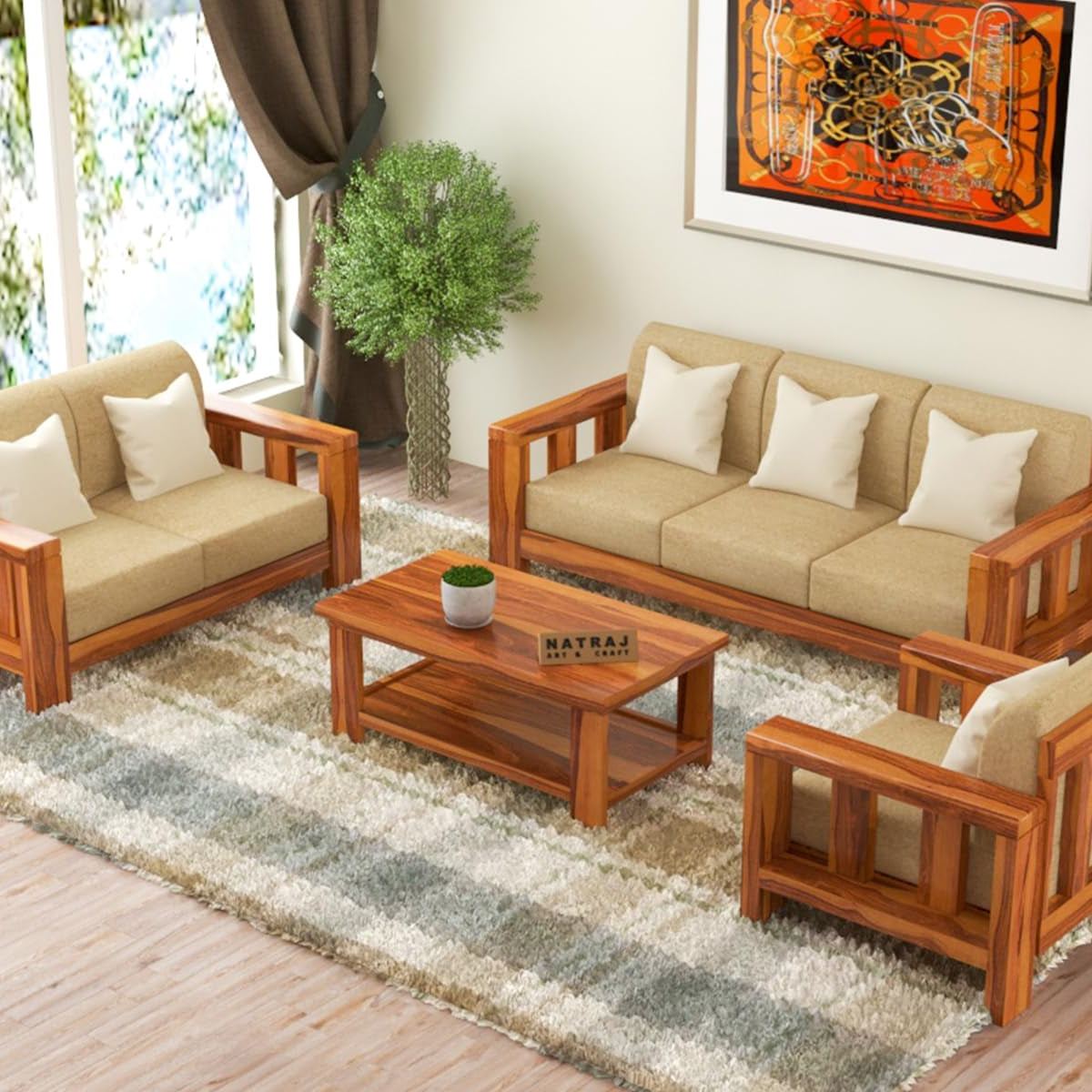 NATRAJ ART & CRAFT Sheesham Wood 6 Seater Sofa Set for Living Room Wooden Sofa Set for Living Room Furniture (3+2+1, Natural Teak Finish), 5- to 6-Person Sofa