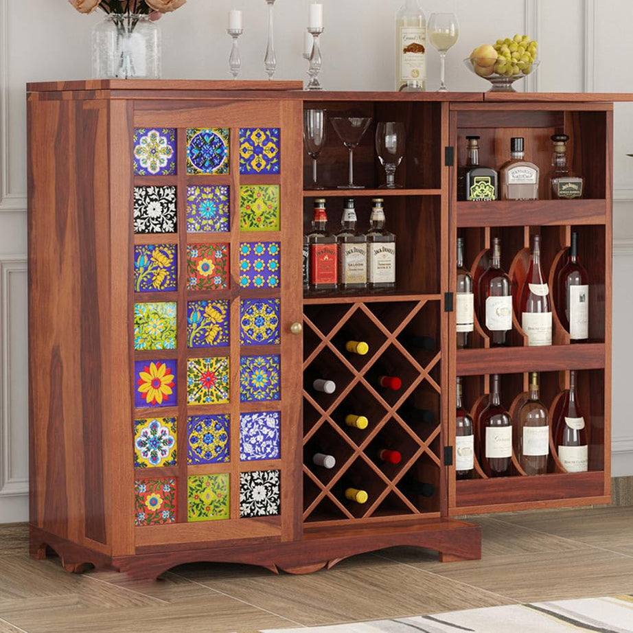 Bar Cabinet, Wood Bar Cabinet for Home | Bar Cabinet for Living Room | Bar Units, Wine Rack | Corner Bar Cabinet | Home Bar Furniture, Wooden Bar Cabinet with Storage Drawer, Honey Finish