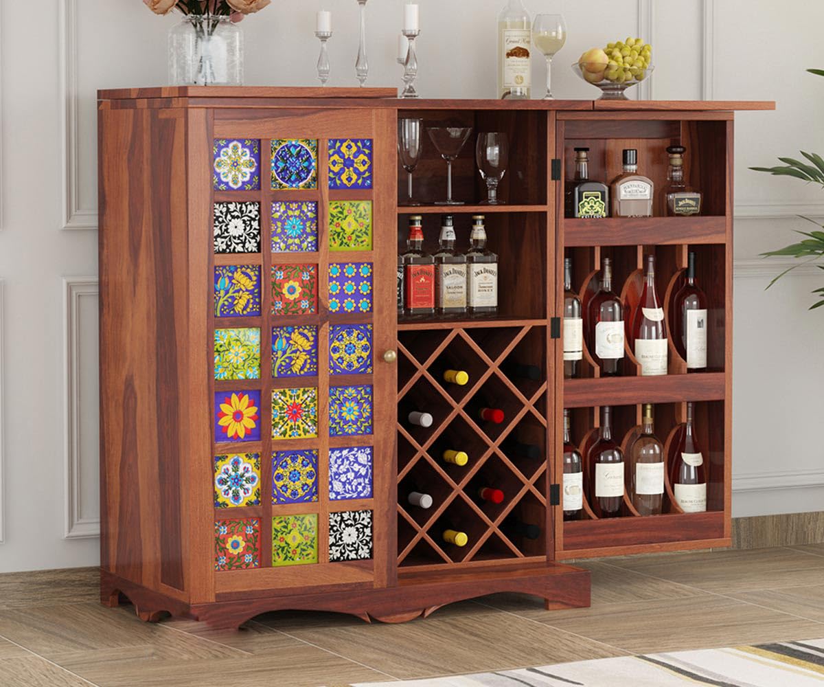 Bar Cabinet, Wood Bar Cabinet for Home | Bar Cabinet for Living Room | Bar Units, Wine Rack | Corner Bar Cabinet | Home Bar Furniture, Wooden Bar Cabinet with Storage Drawer, Honey Finish