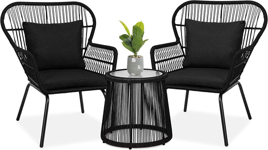 Aeron® 3 Piece Patio Rope Set Outdoor Woven Rope Conversation Balcony Furniture Set with Glass Top Table and Cushioned Chairs for Garden with Po (2 Chair 1 Table, Black 3)