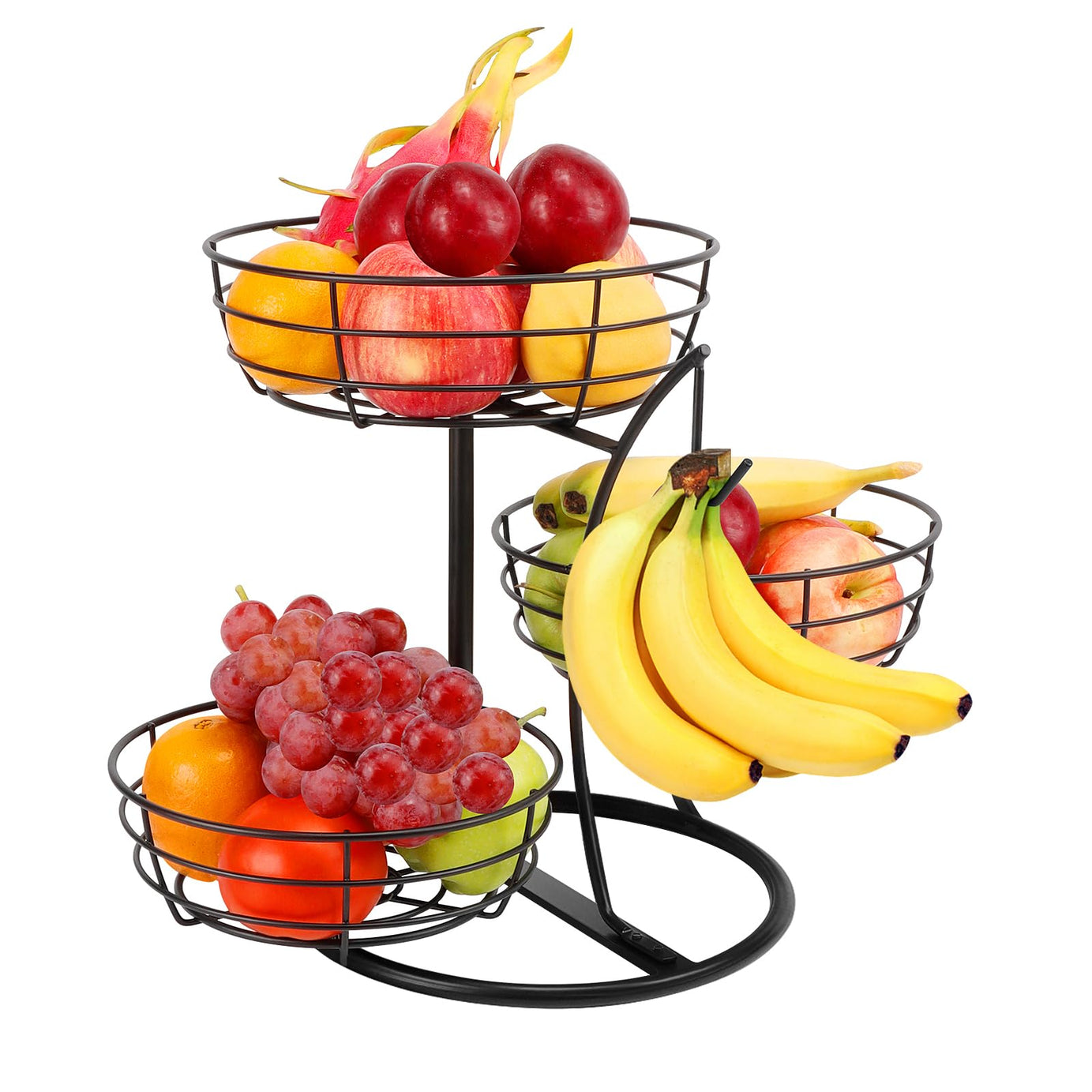 Livabber Fruit Basket Bowl with Banana Hanger, Fruit Vegetable Storage Basket with Banana Tree Holder for Kitchen Counter, Detachable Organizer for Bread Snack Produce (Black, 3-Tier Metal Base)