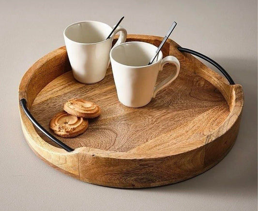 Craft Expertise Mango Wooden Serving Tray for Coffee/Tea/Drinks for Living Room/Restaurant, Rectangular (Round)