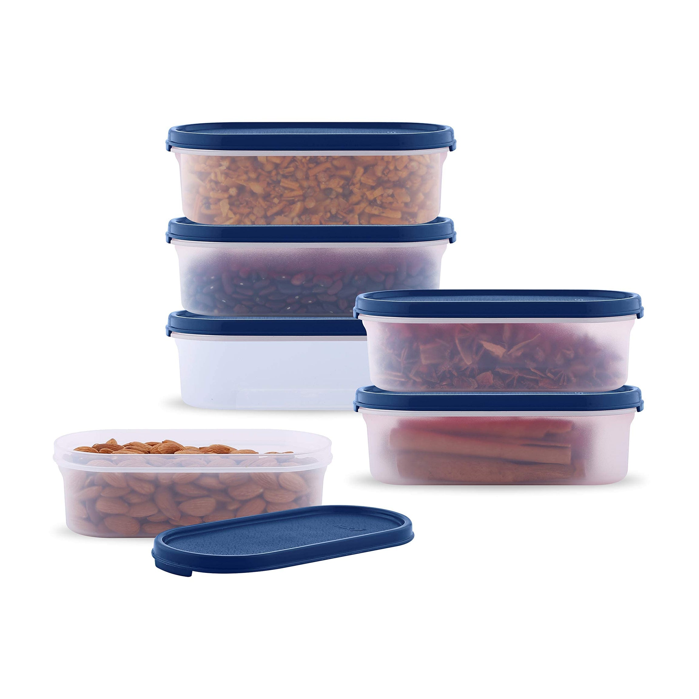 SKY Oval Airtight Kitchen Storage Container Set/Modular Kitchen/for Rice, Flour, Sugar, Cereals, Snacks/Stackable 6 Pieces, 600 ml x 6, Blue