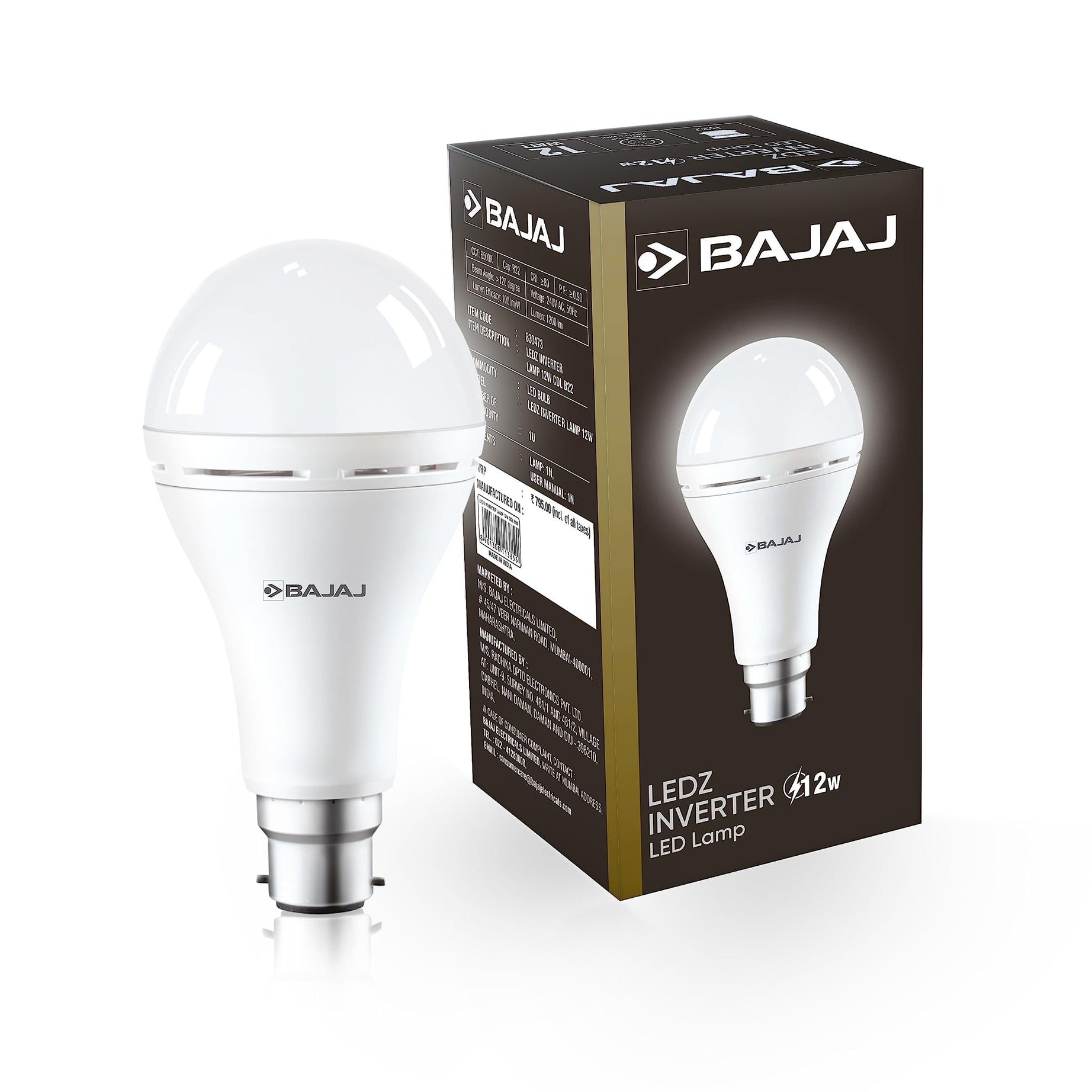 Bajaj LEDZ 12W Rechargeable Emergency Inverter LED Bulb, Cool Day Light, White, Upto 4 Hours Battery