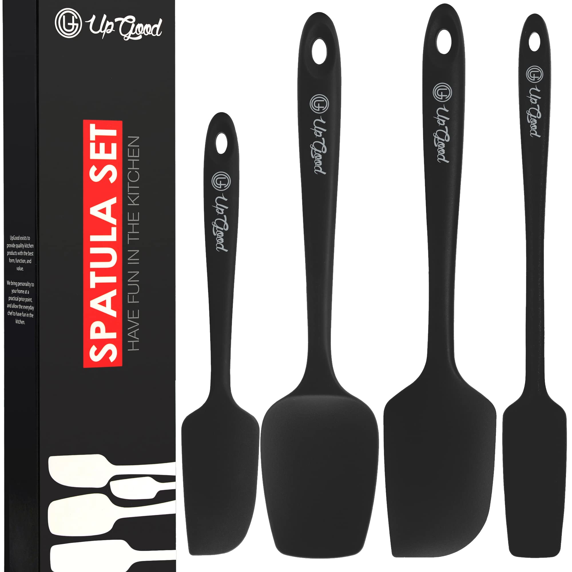 Silicone Spatula Set | 4 Versatile Tools Created for Cooking, Baking and Mixing | One Piece Design, Non-Stick & Heat Resistant | Strong Stainless Steel Core (UpGood Kitchen Utensils, Black)