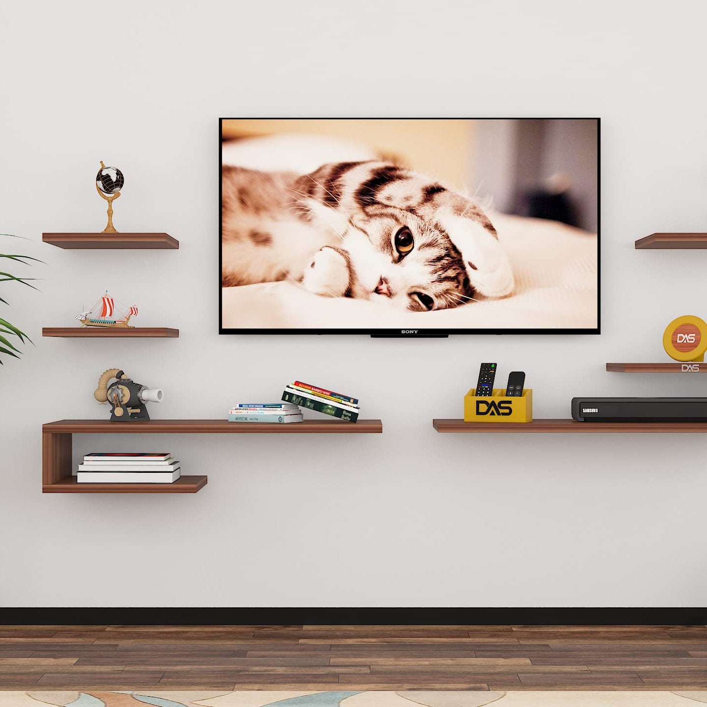 DAS Wall Mount TV Entertainment Unit/with Set Top Box Stand and 3 Wall Shelves Display Rack Classic Walnut (Ideal for up to 43") Screen- Zeenat