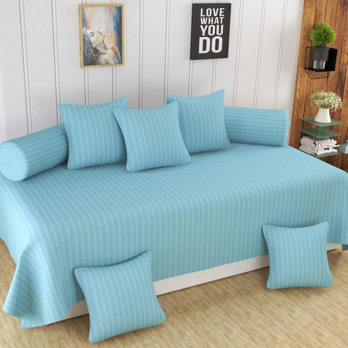 Homefab India 160 TC Stripe Glace Cotton Diwan Set - 8 Piece - Light Blue