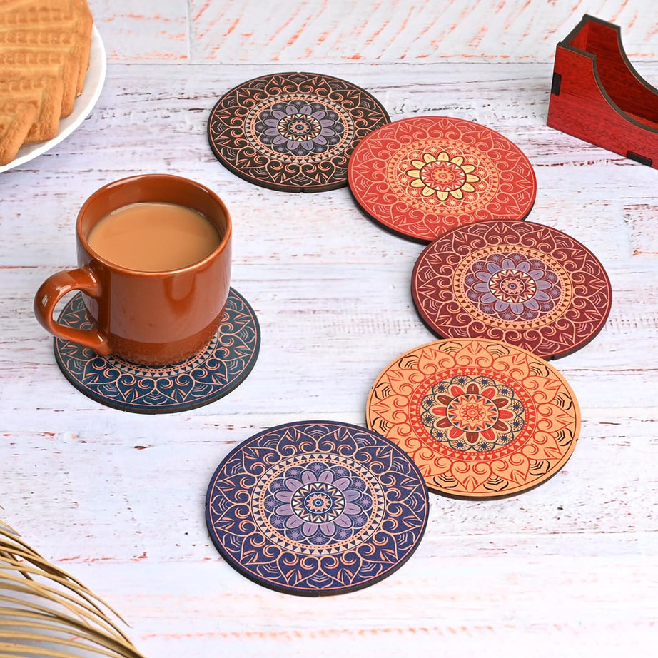 Gift Kya De GKD Coaster Set of 6 Beautiful Wooden Coasters with Proper Coaster Stand Designer Coaster Set fit for Tea Cups, Coffee Mugs and Glasses (6 pc Round 3.5 x 3.5 inch) Mutli Color