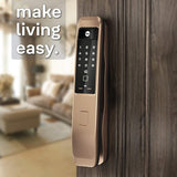 Yale YMI 70 Push Pull Smart Door Lock with Biometric | Pin Code | RFID Card | Mechanical Keys | App Enabled Access, Wi-Fi Optional | Free Installation | 1 Year Warranty | Gold Finish