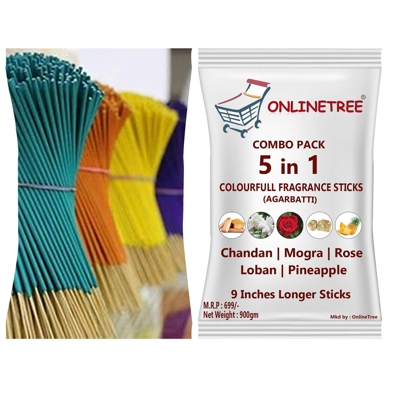 900 Grams Onlinetree 5 in 1 Rose, Sandal, Loban, Mogra, Pineapple Flavour Fragrance Agarbatti/Incense Sticks/for Pooja/Mandir 900 Gram