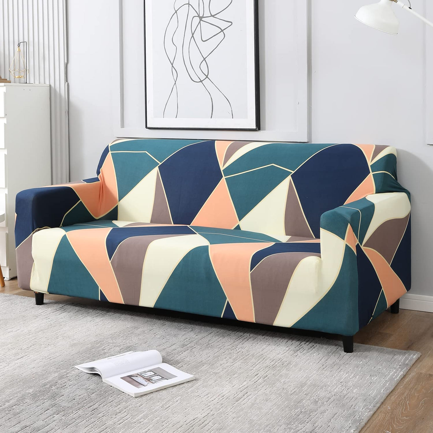 HOKIPO Elastic Stretchable Universal Sofa Cover 3 Seater (AR-4095-D14-Green Peach Abstarct)