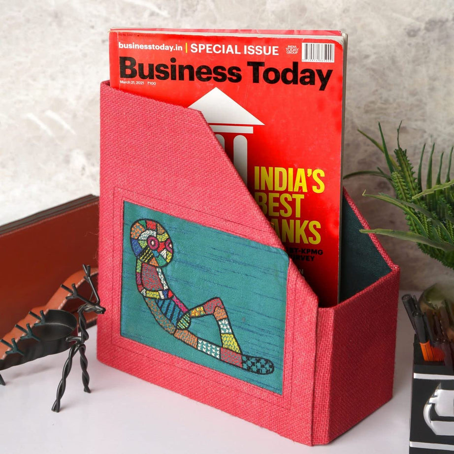 Indha Table Top Hand Embroidered Red Colour Jute Alien Motif Books/Magazine Holder