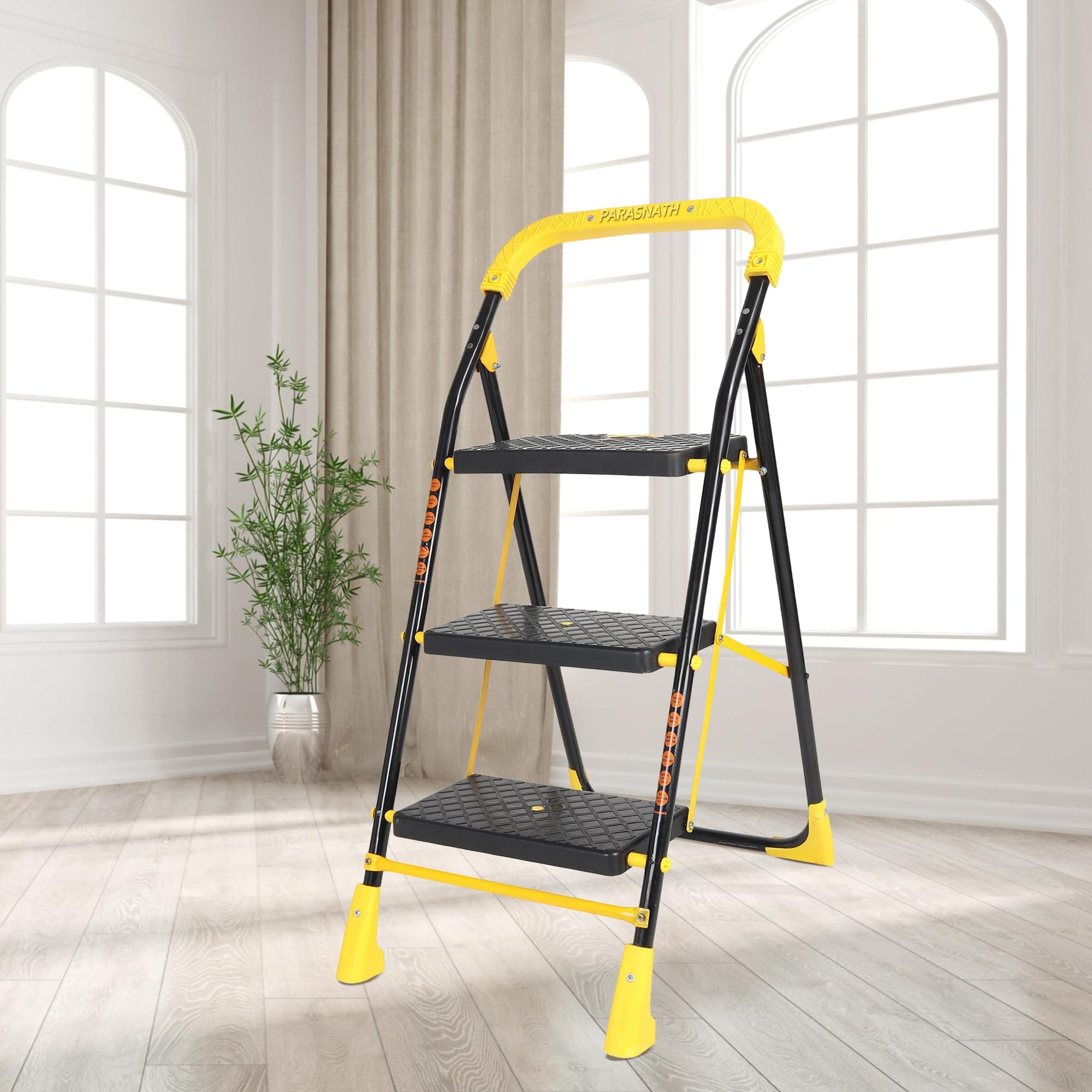 Parasnath 3 Step Yellow Diamond Mild Steel Foldable Ladder for Home - Wide Anti Skid Plastic Step Ladder for Extra Gripping 3.2 FT Ladder - Made in India