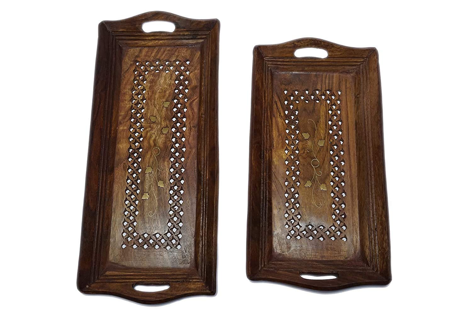 Giftoshopee Hand Carved Brass and Wooden Serving Tray Set of 2 (Tea, Coffee, Snacks, Water) Decorative/Platter for Home/Kitchen/Table Decor, Brown