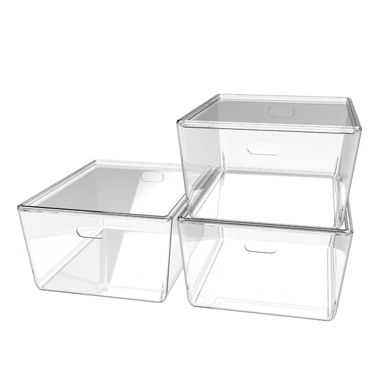 KOLORR Transparent Baskets for Storage with Lid Large-11Liter | Multipurpose Clear Container | Rectangle Organiser Plastic Box with Handle for wardrobe clothe Makeup closet Stationary | Pack of 3