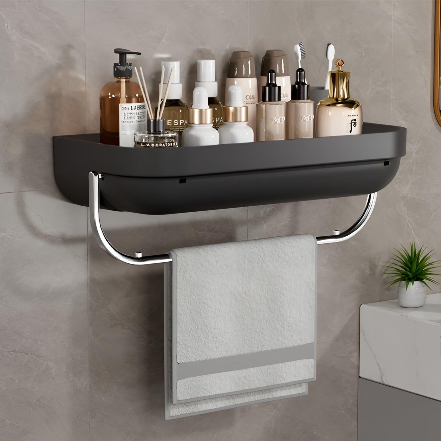 KREPS Bathroom Shelf Organizer,Self Adhesive No Drill Shower Shelf Easy installation, Wall Mounted Shelf, with Towel Napkin Holder with Hook,Used for Bathroom and Kitchen (FLAT, BLACK)