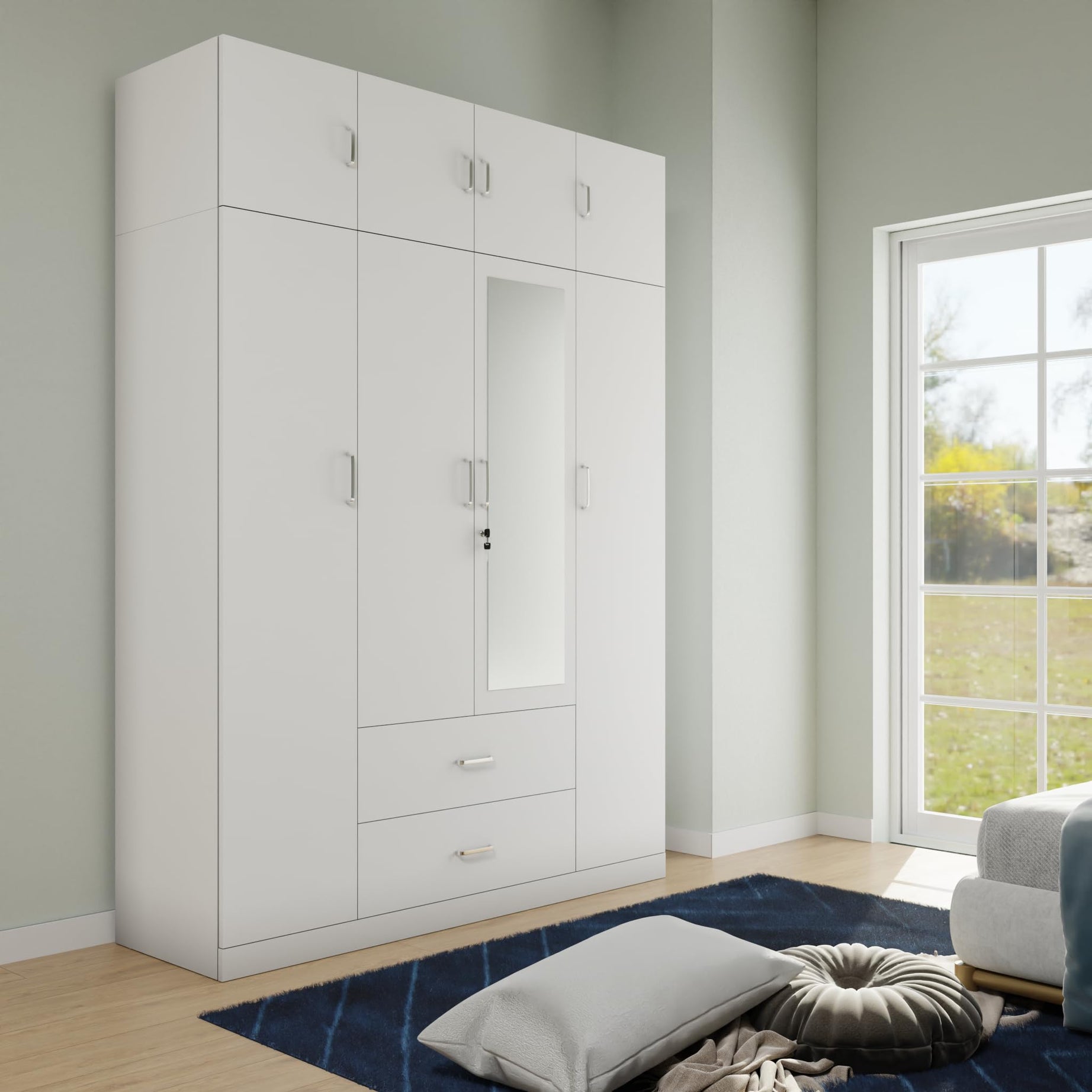 VIKI Wardrobe | Wooden Almirah for Clothes,Door for Bedroom with Loft, 4 Door Wardrobe with Drawer, Mirror & Hanging Space (Frosty White - 40D x 160W x 180H) | 1 Year Warranty