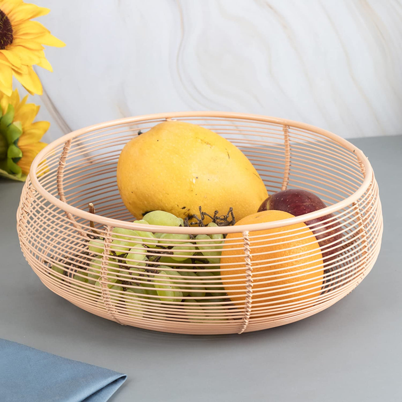 MARKET 99 Metal Wire Iron Geometric Pattern Countertop Fruit Basket Holder (Peach) | Fruit and Vegetables Storage Organizer for Home and Kitchen | Metal Fruits and Vegetables Basket