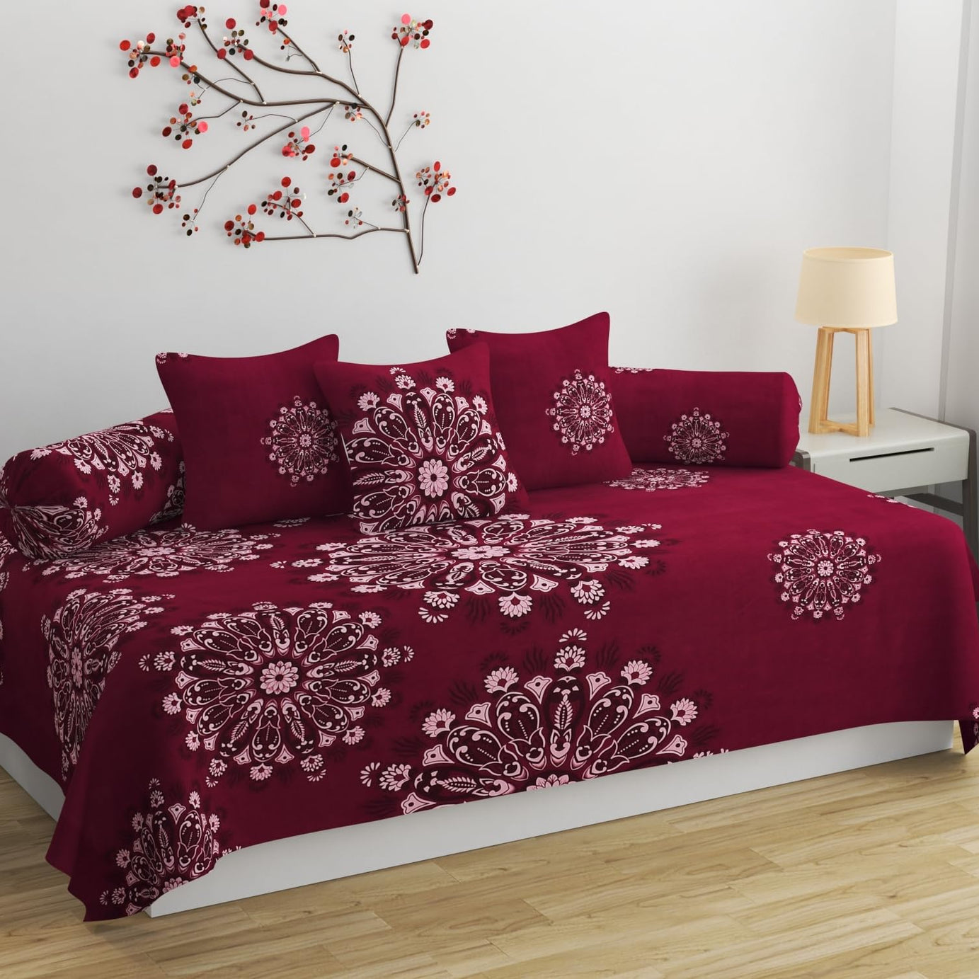 Rvans Creations Cotton 8 Piece Diwan Set 1 Bed Sheet 2 Bolster Cover 5 pcs Cushion Cover (Maroon)