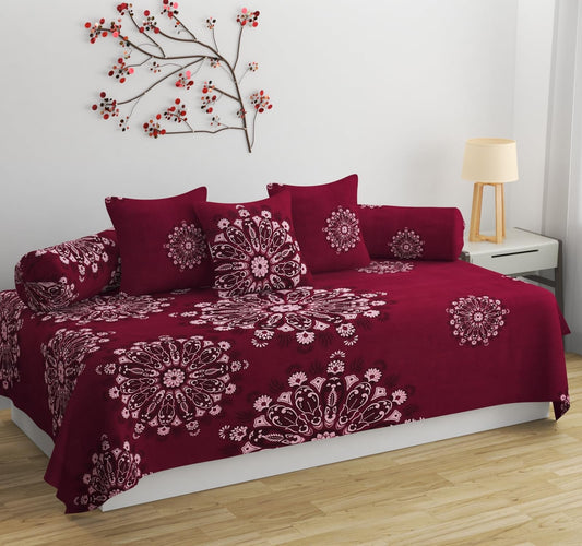 Rvans Creations Cotton 8 Piece Diwan Set 1 Bed Sheet 2 Bolster Cover 5 pcs Cushion Cover (Maroon)