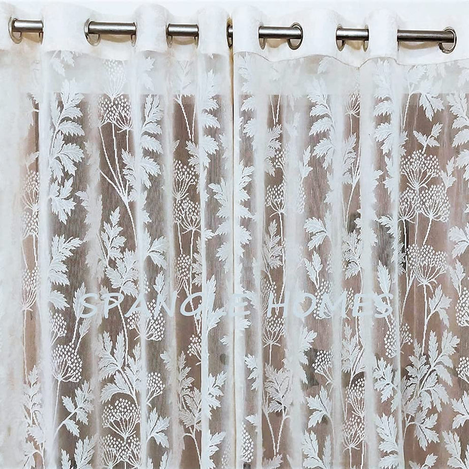 SpangleHomes 7Ft Grommet Curtains Door Curtain Set Of 2|Heavy Tissue Net Floral Semi Transparent Sheer Parda For Home Living/Drawing And Bedroom, 4X7 Feet, White Net Curtains, Pack Of 2 Pcs, Jhaad