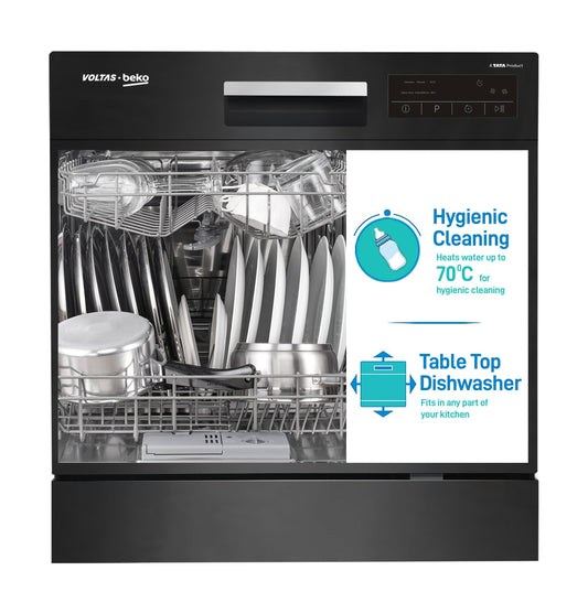 Voltas beko 8 Place Settings Table Top Dishwasher (2020/2021,DT8B, Black, Inbuilt Heater)