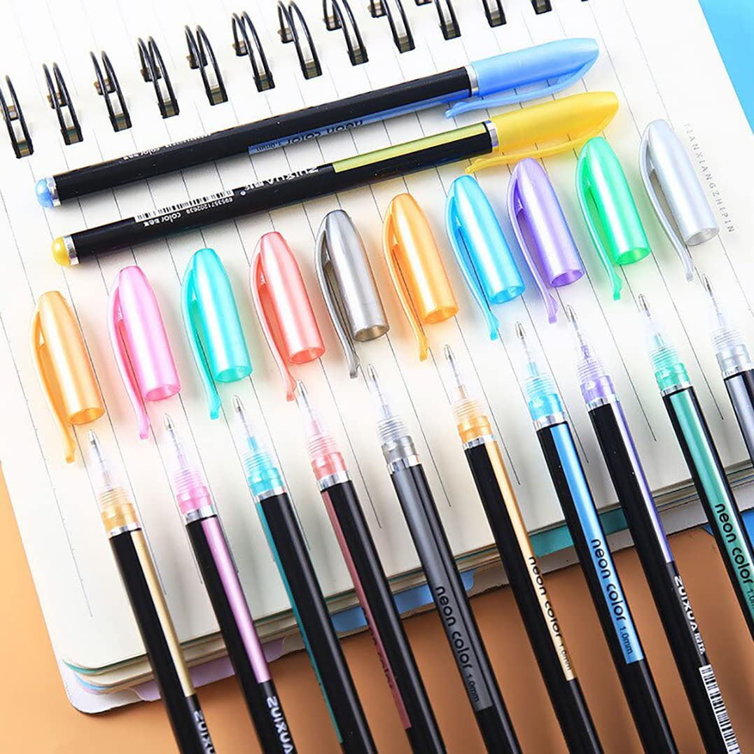 GLUN 12Pcs Neon Color Set Neon Metallic Fluorescence Highlighter Pastel Gel Pen For Art Sketch Doodle Painting Drawing Kids Gift