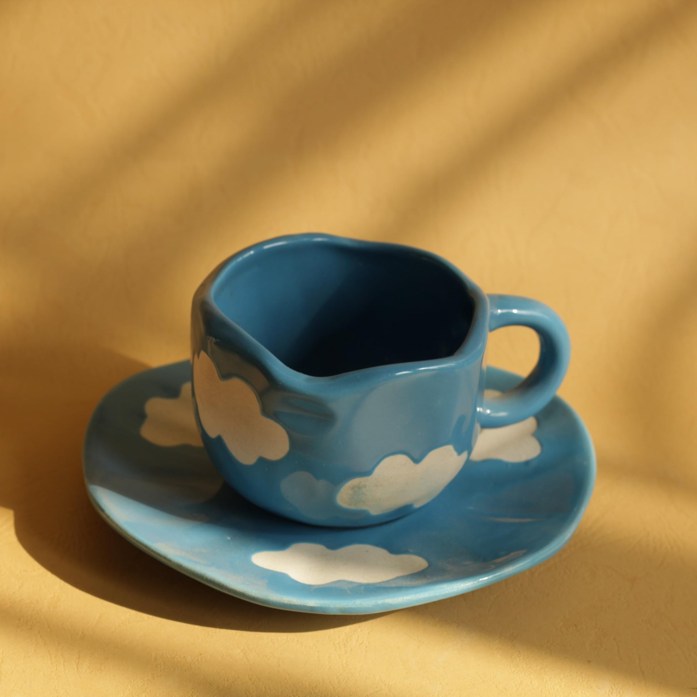 Kawai Homes Handcrafted Ceramic Cloud cup with saucer Set for Coffee Chai Tea Milk Cups (210 ml, Microwave & Dishwasher Safe) (Cloudy Blue)