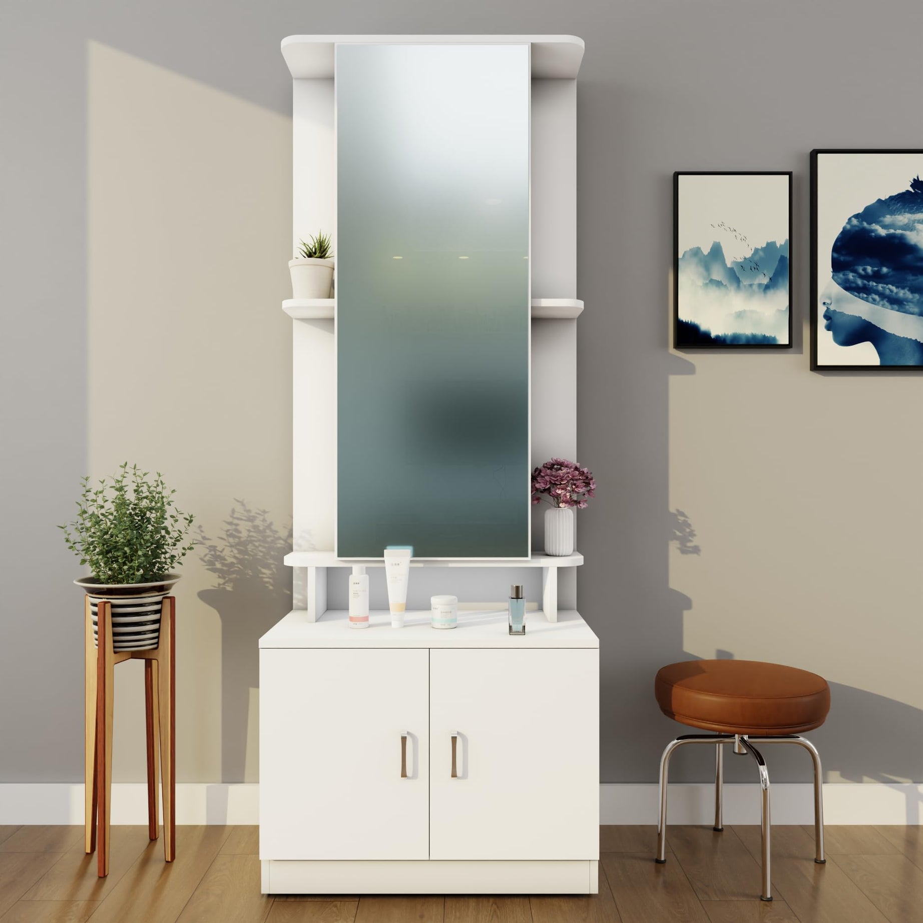 VIKI Engineered Wood | Dressing Table With Mirror And Door, Dressing Table Organizer And Storage, Vanity Cabinet, Bedroom, Makeup Cabinet, 180Cms(H)*70Cms(W)*40Cms(D) | 1 Year Warranty | Frosty White