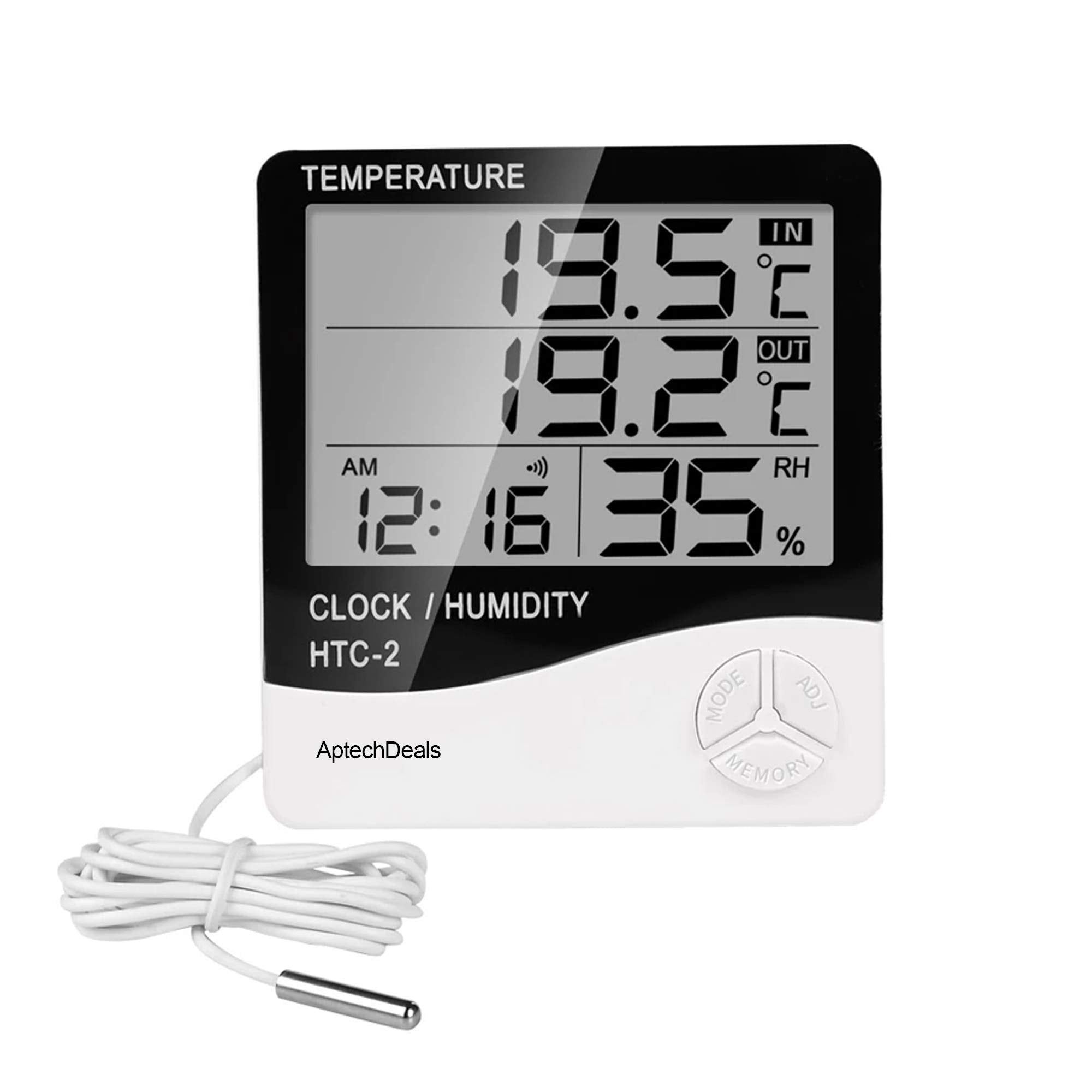 ApTechDeals Digital Hygrometer Thermometer Humidity Meter With Clock LCD Display (HTC2)