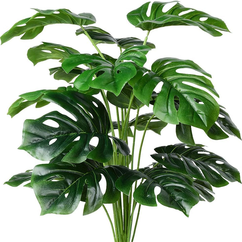 Dekorly Artificial Palm Plants Leaves Faux Turtle Leaf Fake Monstera Tropical Large Palm Tree Leaves Outdoor UV Imitation Leaf Decorations (Set of 2 Sticks)