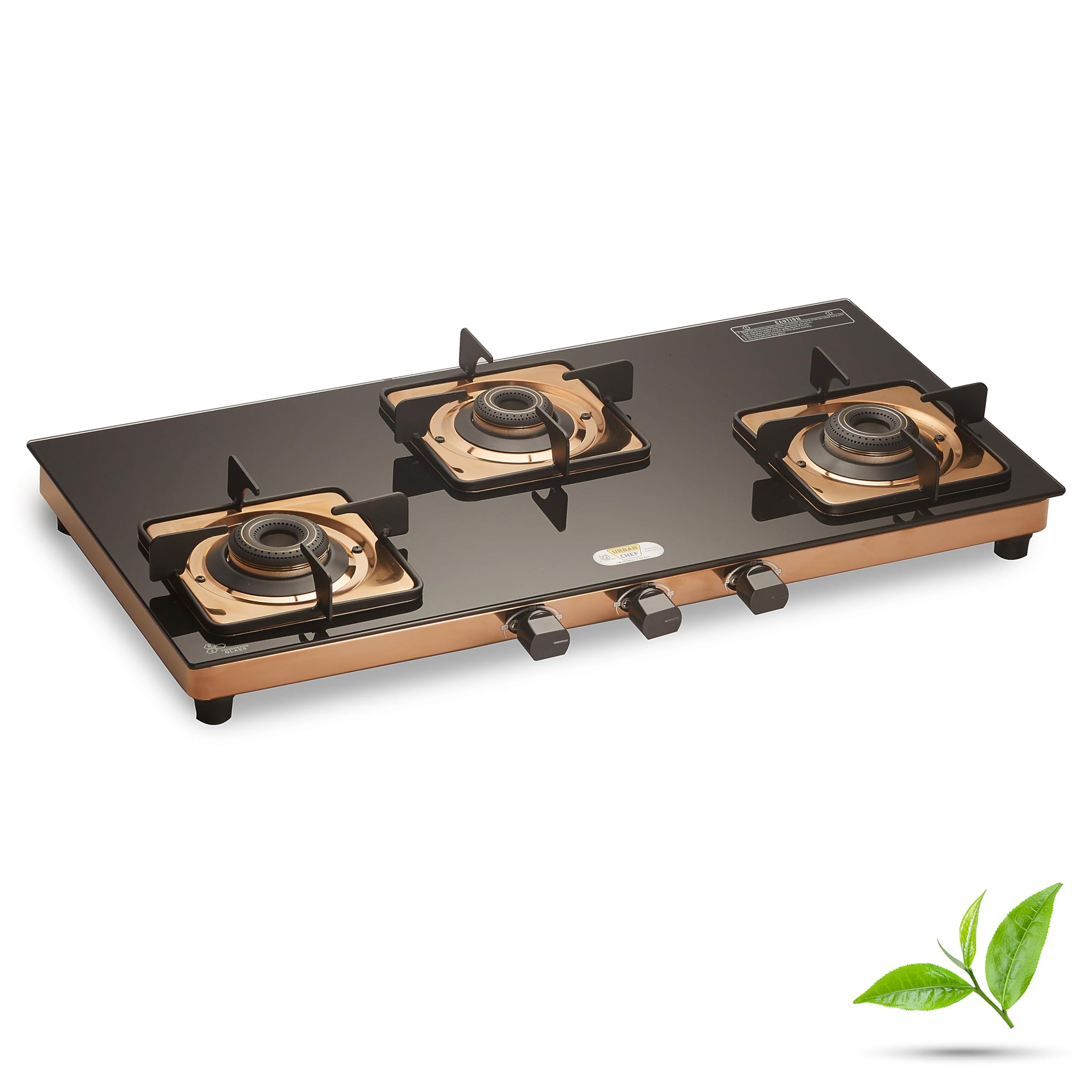 URBAN CHEF Gas Stove 3 Burners | 2 Years Warranty, ISI Certified | Gas Stove, Stove 3 Burners, 3 Burner Gas Stove, Gas Chulha, LPG Ready & PNG Compatible(Glass Top Hob Style, Rose Gold PVD Coat)