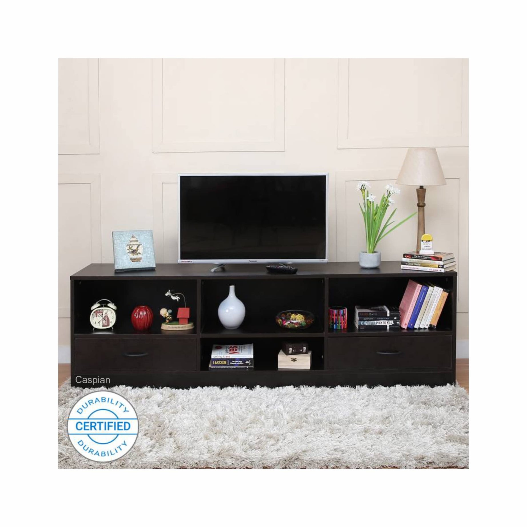 CASPIAN Furniture TV Unit 5 Feets | LCD Base with Drawer and Open Shelves for SetTop Box | Home Entertainment Cabinet in Coffee Walnut | 60 x 20 x15 inches