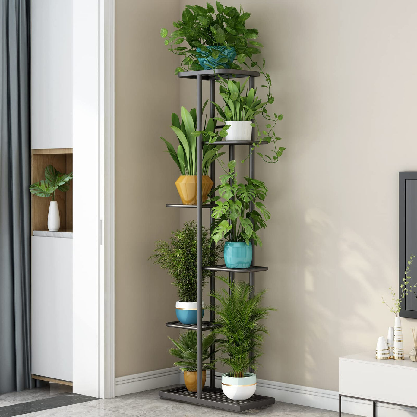 Worthy Shoppee Plant Stand Metal Potted Multiple Flower Pot Holder Shelf Indoor Outdoor Planter Display Shelving Unit (6 TIER BLACK)