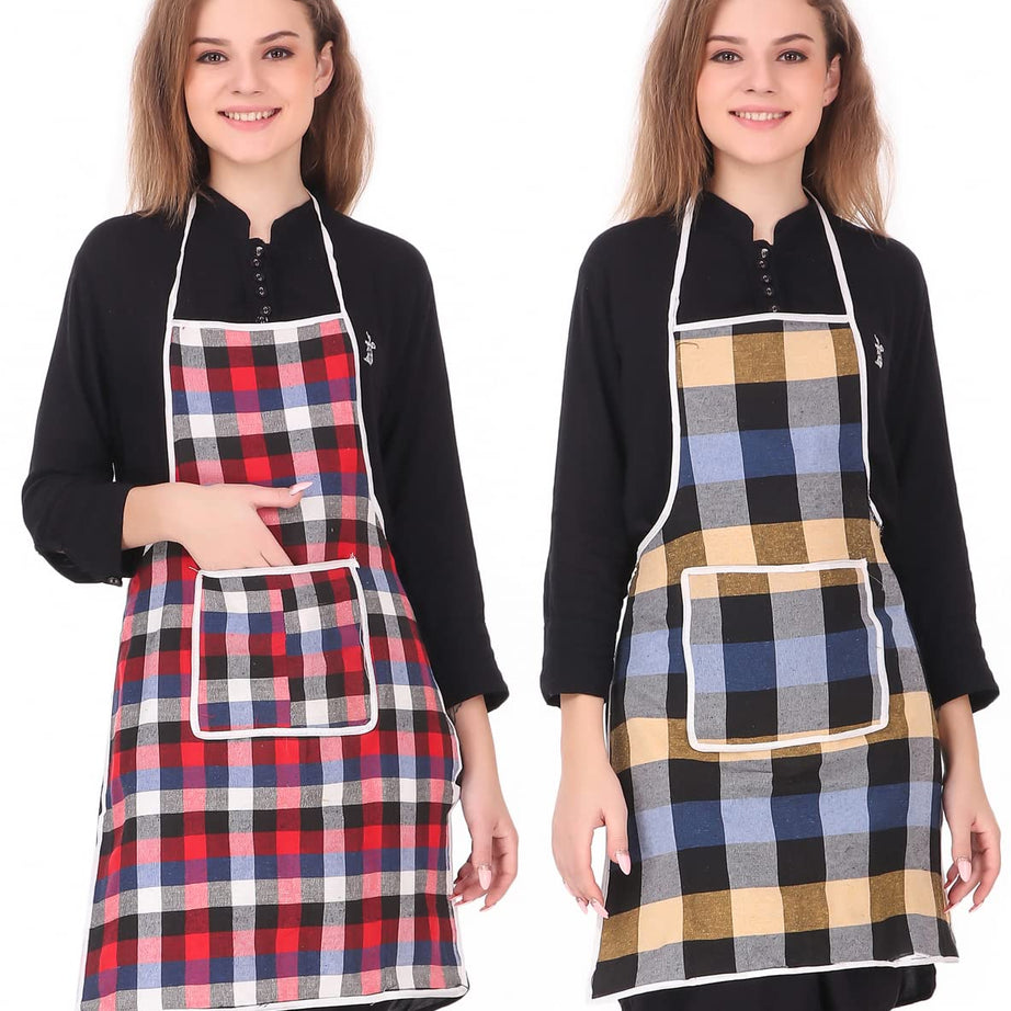 GLUN Waterproof Cotton Kitchen Apron with Front Pocket (Multicolour) Set of 2