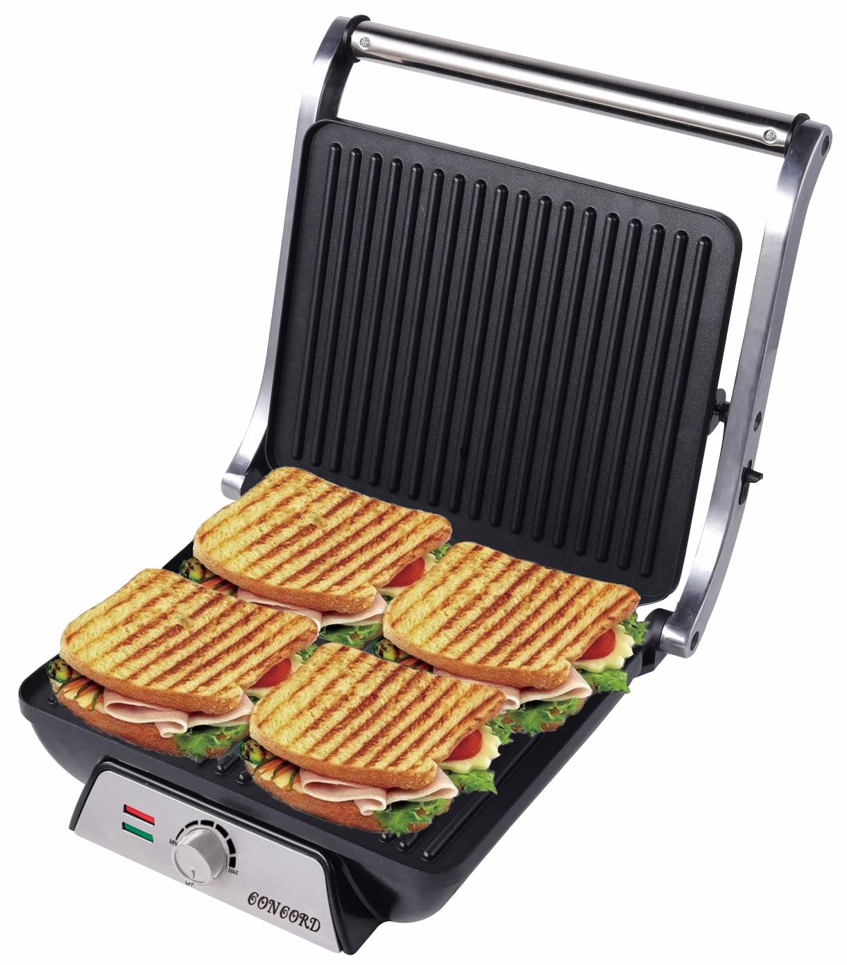 Concord 4 Sandwich Maker/Jumbo Grill 2000 Watts | Opens 180° | Temperature Controller | Oil Drip Tray |1.5 Metre Long Cord (Black,Silver)