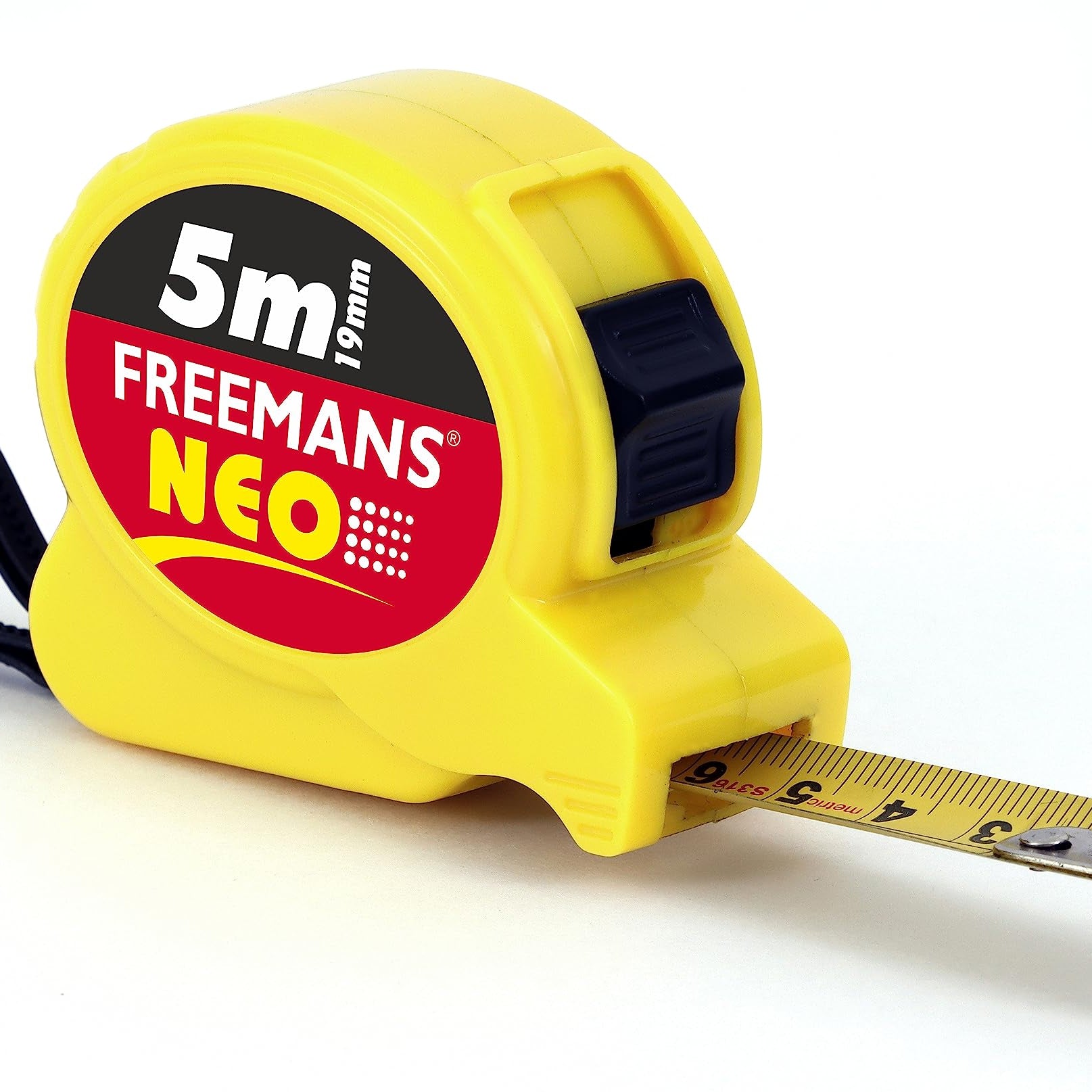 FREEMANS NEO 5m:19mm Steel Inchi Pocket Measuring Tape with Unbreakable ABS Case, Click-Action Front Lock, Finger Stop Protection, Hand Strap and Belt Clip