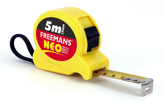 FREEMANS NEO 5m:19mm Steel Inchi Pocket Measuring Tape with Unbreakable ABS Case, Click-Action Front Lock, Finger Stop Protection, Hand Strap and Belt Clip