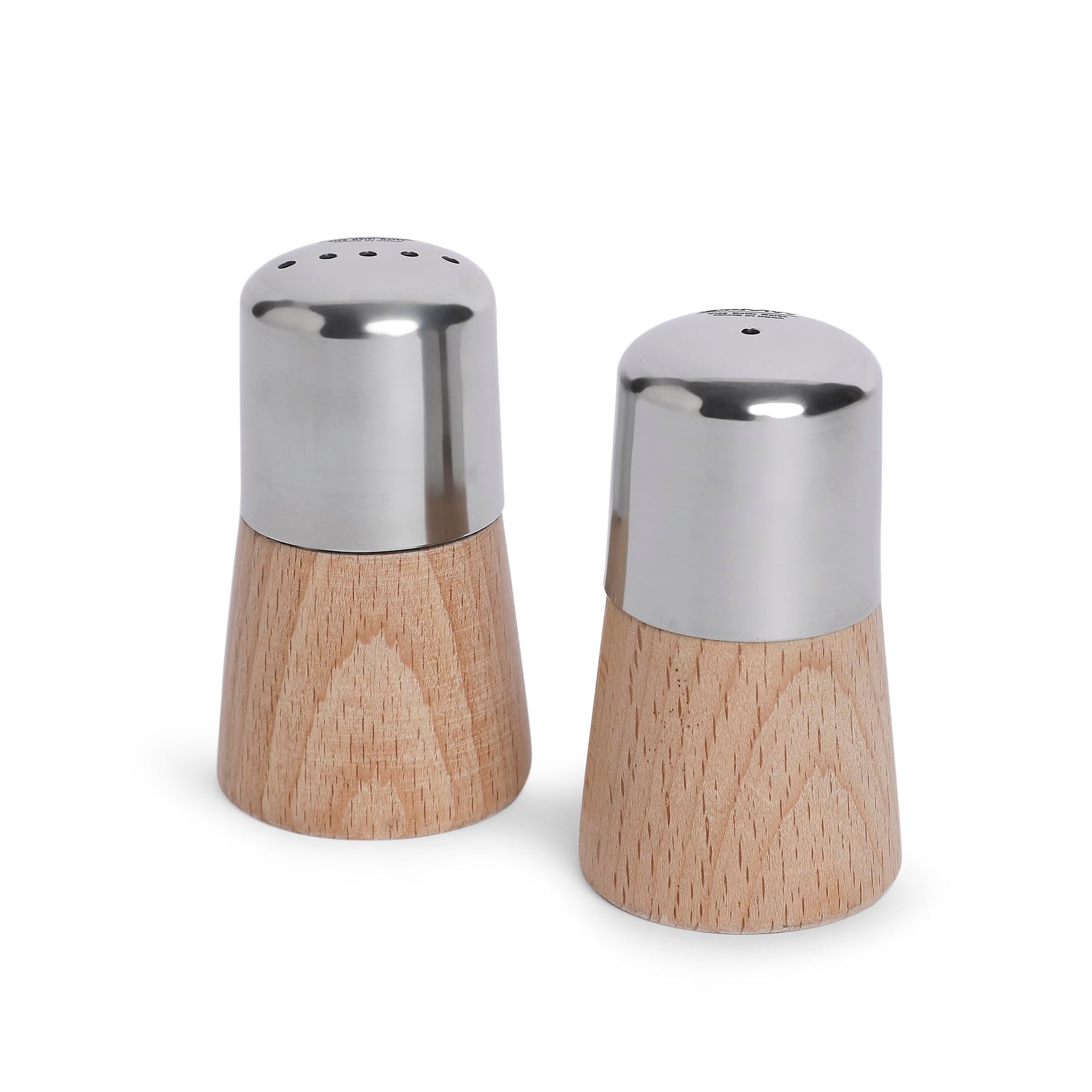 KMW Moisture-Proof Spice Dispenser Salt & Pepper Shaker | Wooden Base and Stainless Steel Seasoning Condiment Set | Pack of 2 (Small)