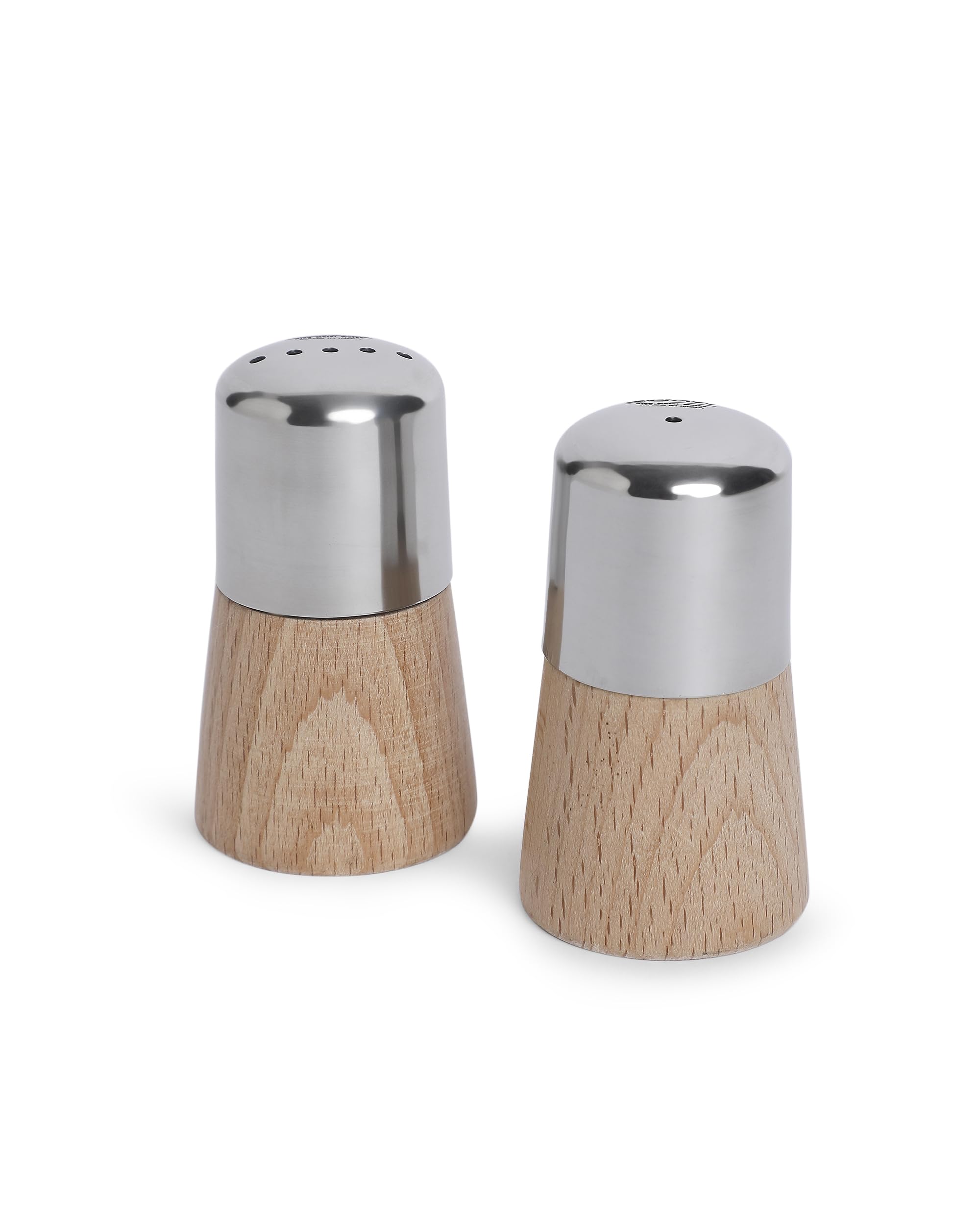 KMW Moisture-Proof Spice Dispenser Salt & Pepper Shaker | Wooden Base and Stainless Steel Seasoning Condiment Set | Pack of 2 (Small)