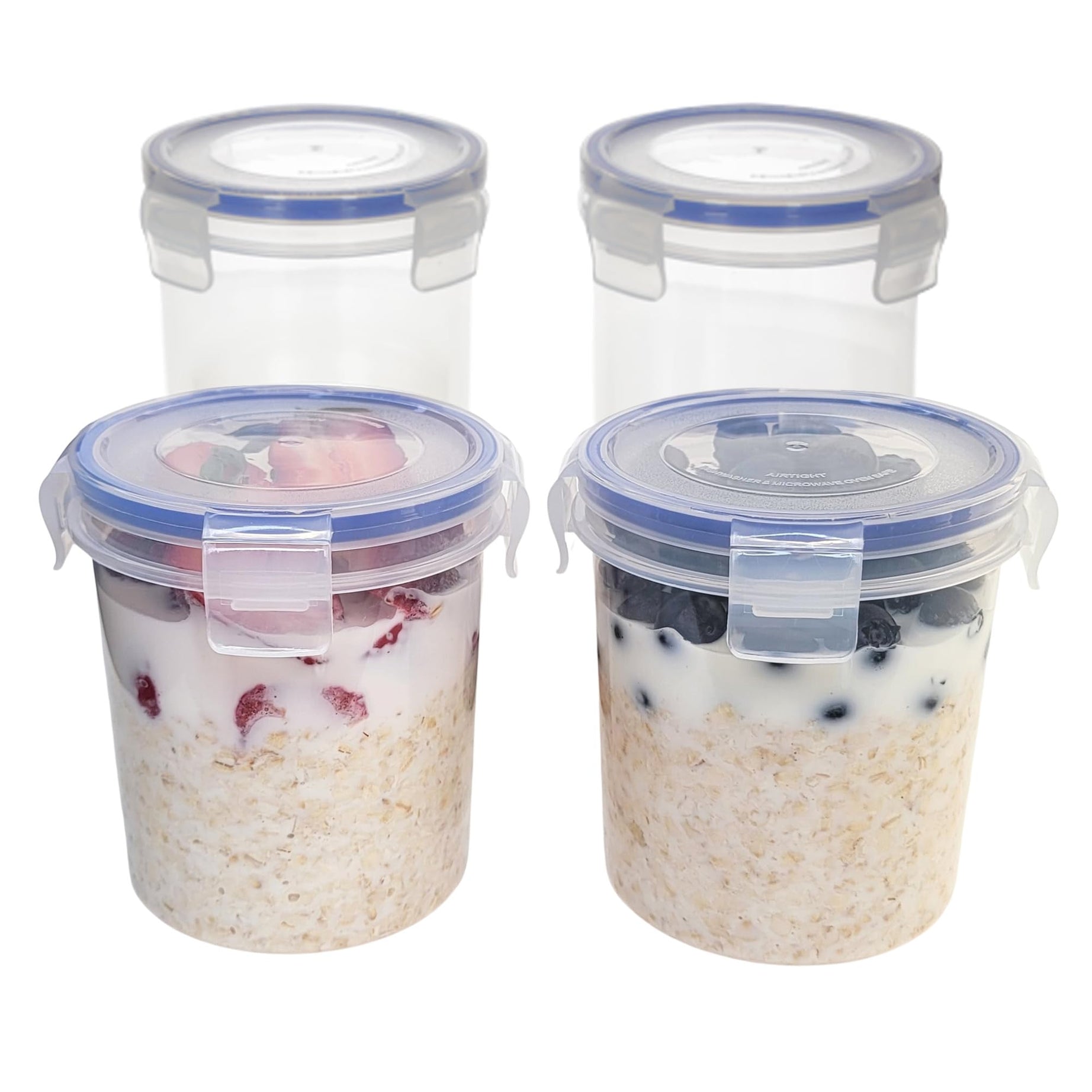 Overnight Oats Container Jar (4-Piece set) - 16 oz Plastic Containers with Lids - Oatmeal Container to go | Portable Cereal and Milk Container on the go | Snap Lock Storage Jars with Airtight Lids