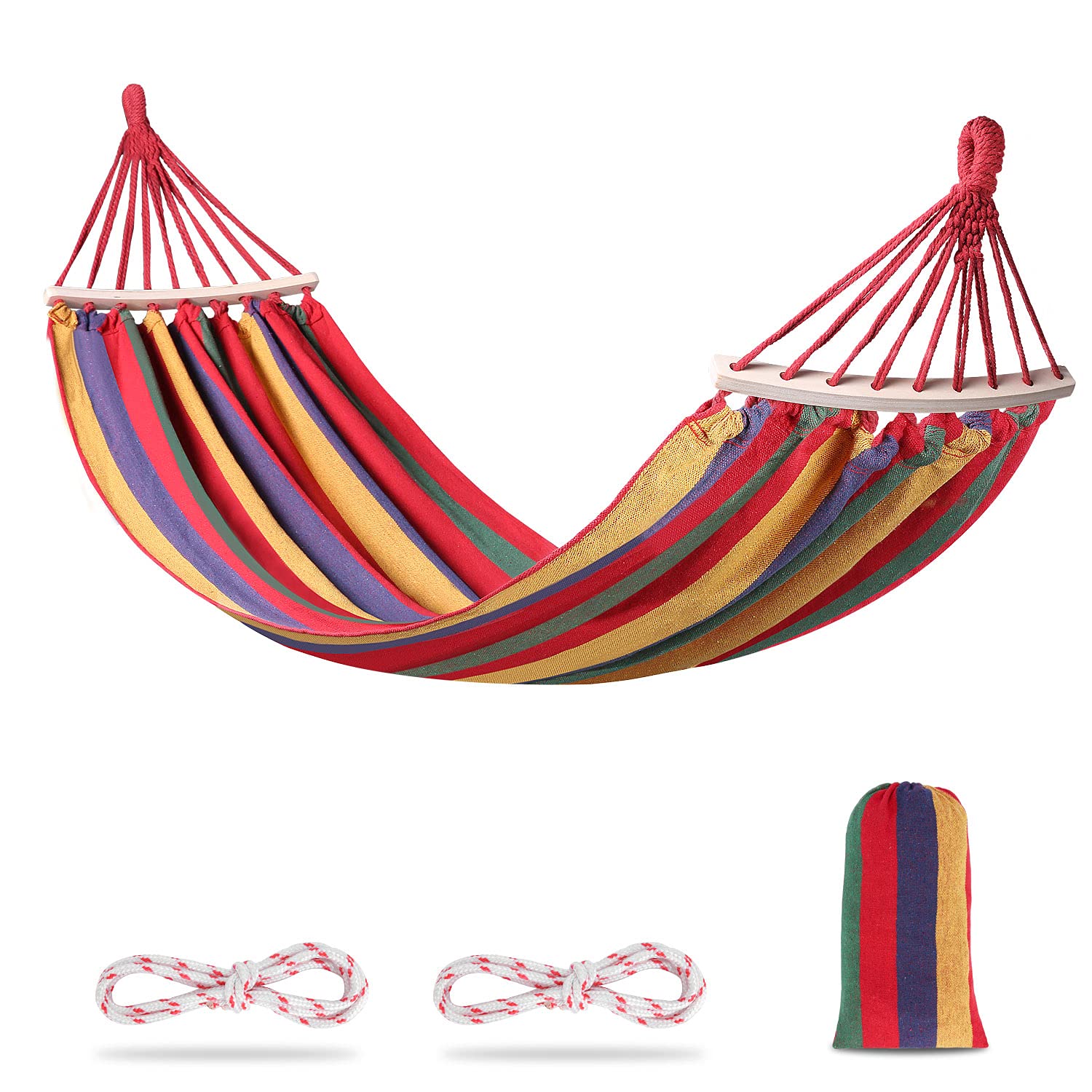 UNIQUEBELLA Camping Hammock with Tree Straps Cotton Canvas Beach Swing Bed with Spreader Bar for Backyard, Porch, Balcony, Indoor or Outdoor Use Support to 280kg (Red, Medium)