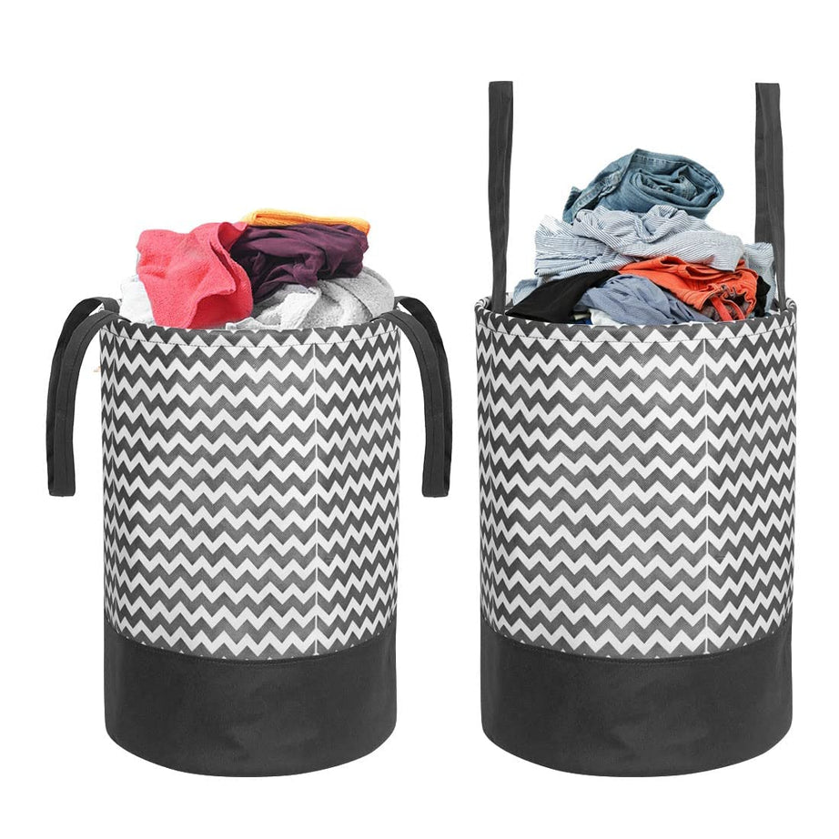 PrettyKrafts 45L Non Woven Wave Printed Round Foldable Large Laundry Bag/Basket With Lid & Handle, Freestanding Cloth Storage Organizer for Bedroom, Bathroom (36x36x45cm, Black & White, Set of 2)