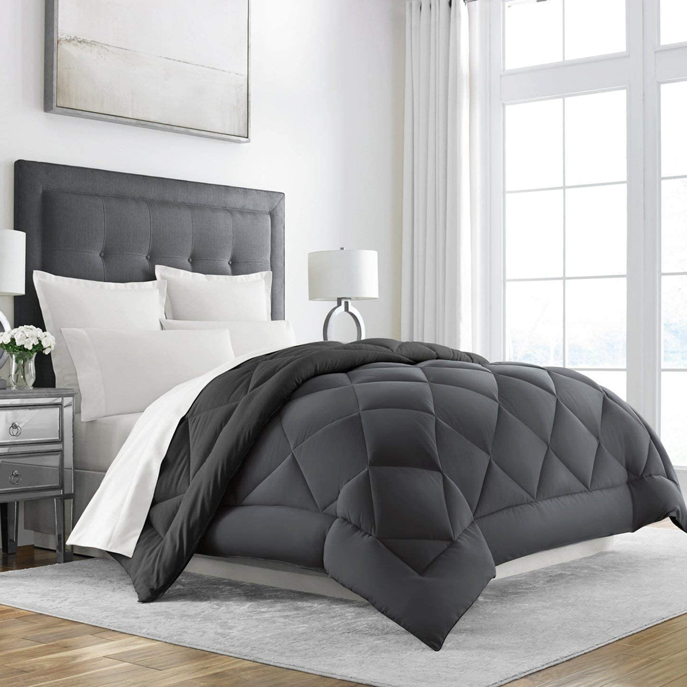 Linenovation All Season Microfiber -Reversable Duvet/AC Comforter/Quilt - Black Grey - Single Size 60 Inch x 90 Inch