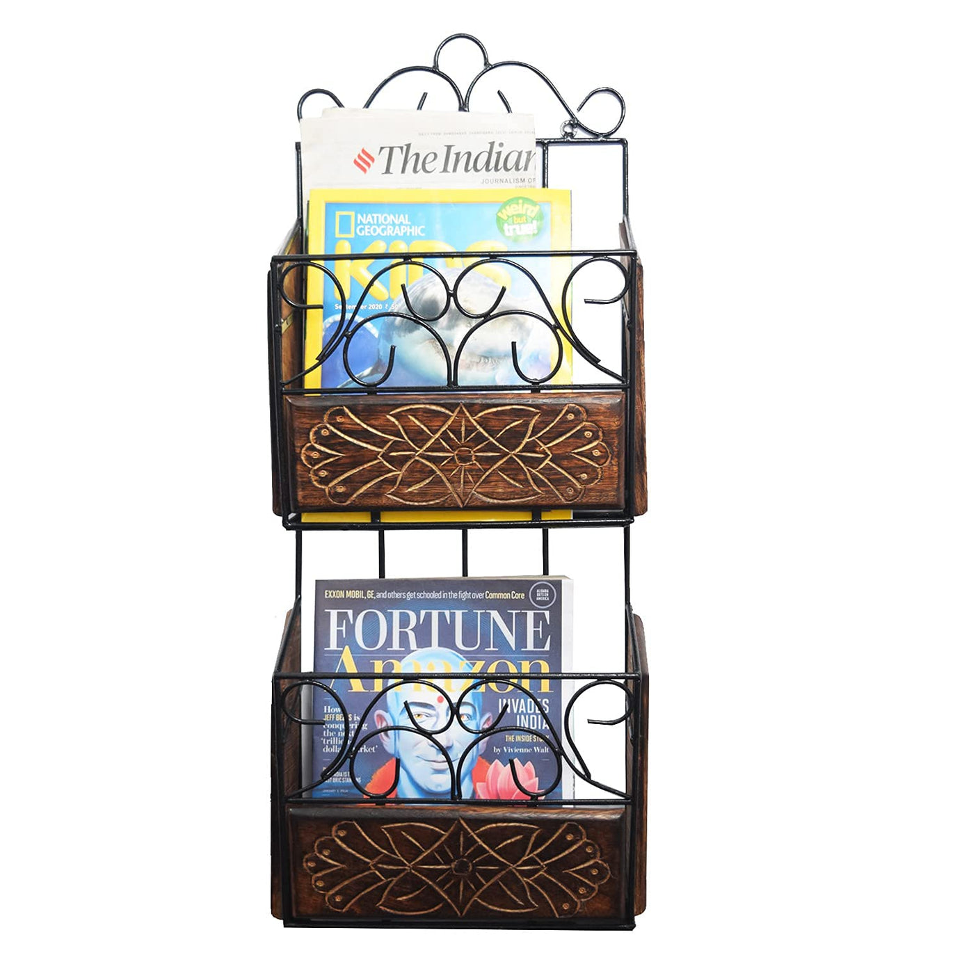 CRAFTCASTLE Wrought Iron & Wooden Modern Elegance Magazine Cum Newspaper Holder & Book Wall Rack,Wall Magazine Holder for Home and Office (67x27x11)CM.