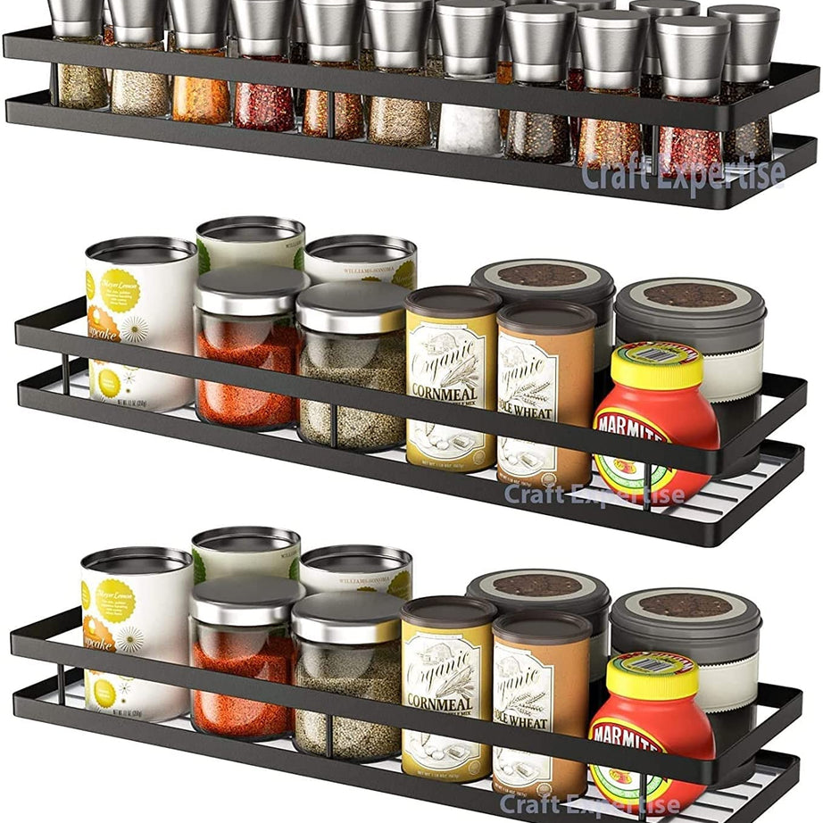 Craft Mshopr Spice Rack Organizer Wall Mount,16 Inches Black Spice Organizer Shelf, Farmhouse Seasoning, Space-Saving Spice Shelves Holder for Kitchen,Bathroom (Pack-3,Alloy Steel, Hanging Shelves)