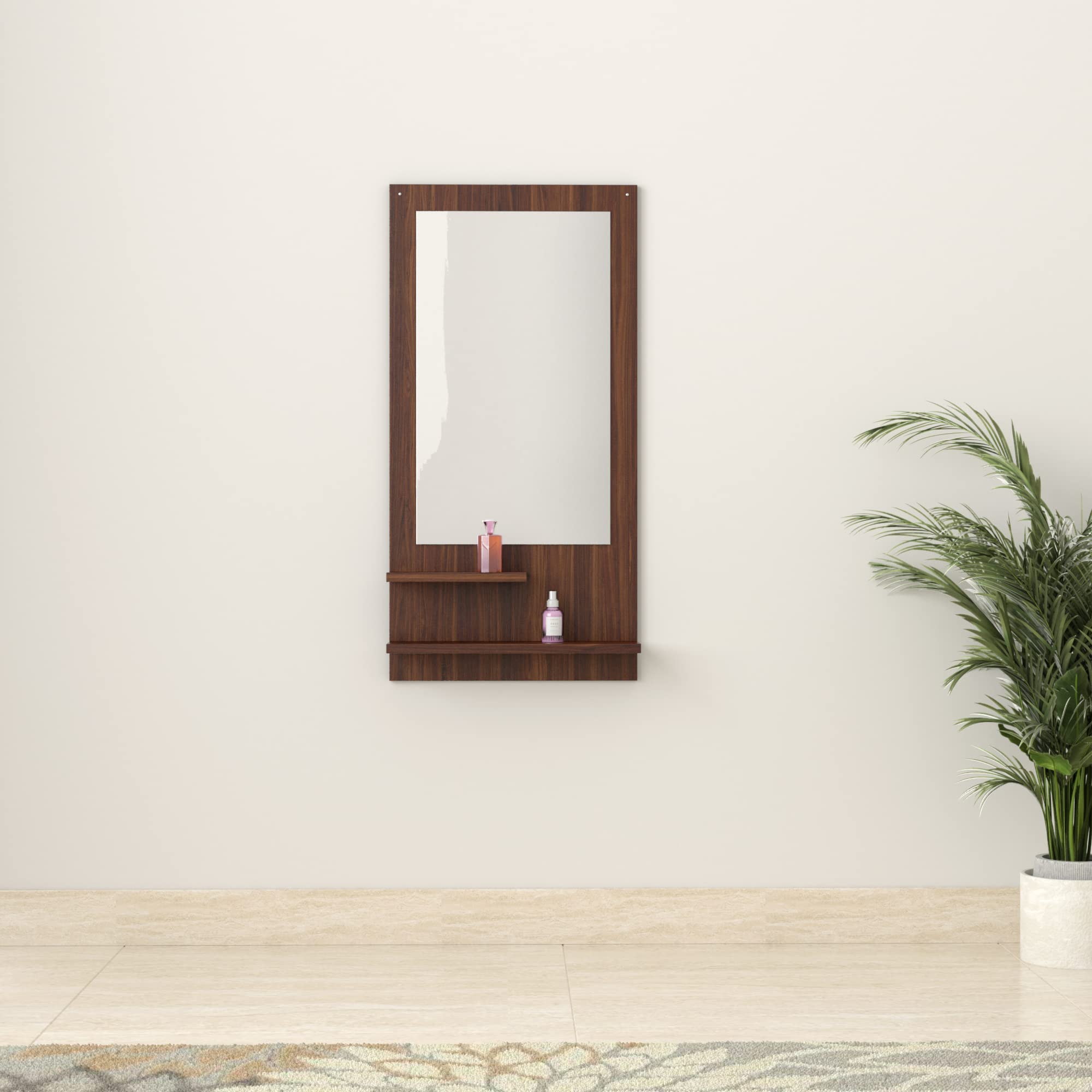 Amazon Brand - Solimo Rendes Engineered Wood Dressing Table Mirror with Shelves & Hooks, Walnut